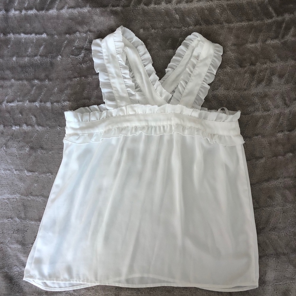 J Crew White Criss Cross Ruffle Top